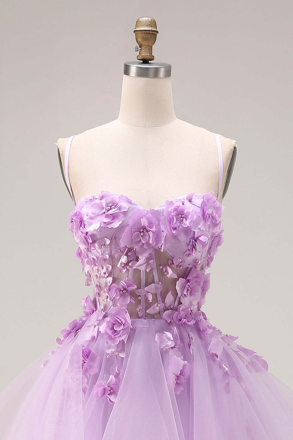 Lilac Ruffled Long Tulle Spaghetti Straps Corset Prom Dress with 3D Flowers