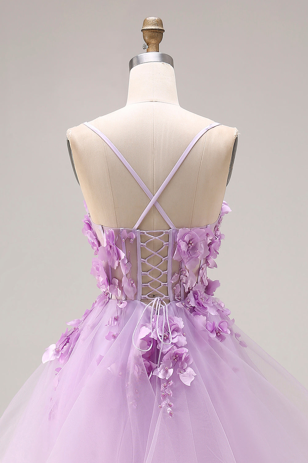 Lilac Ruffled Long Tulle Spaghetti Straps Corset Prom Dress with 3D Flowers