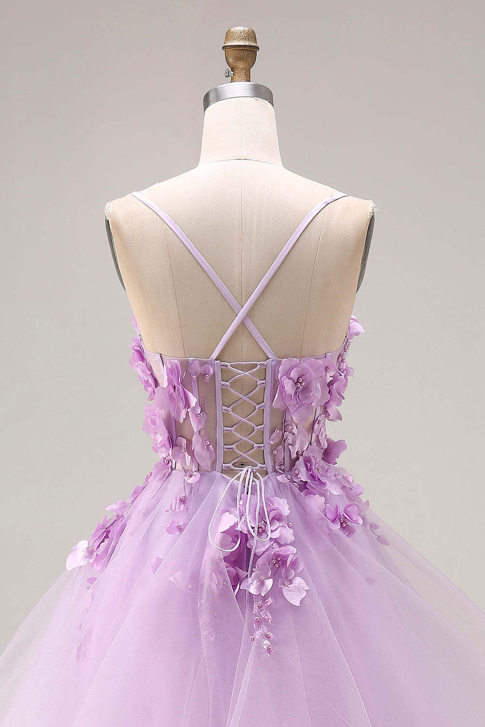 Lilac Ruffled Long Tulle Spaghetti Straps Corset Prom Dress with 3D Flowers
