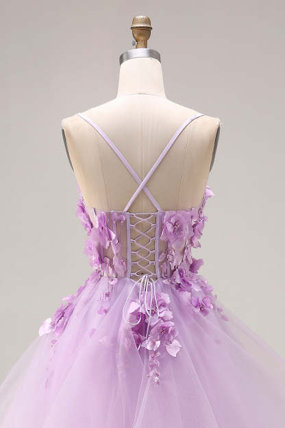 Lilac Ruffled Long Tulle Spaghetti Straps Corset Prom Dress with 3D Flowers