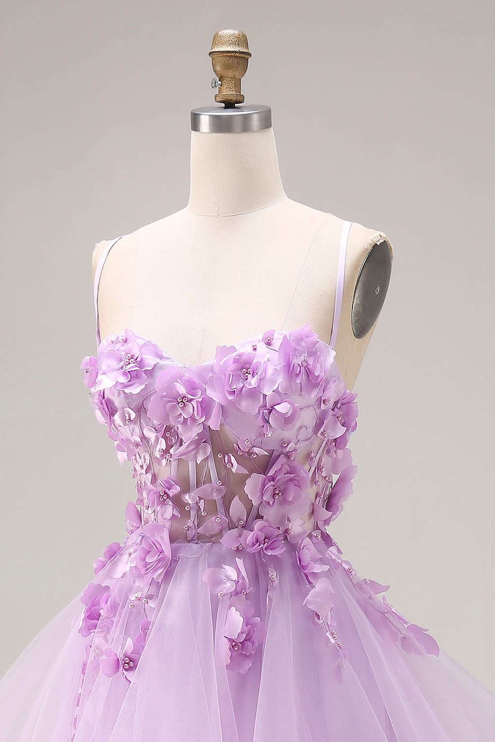 Lilac Ruffled Long Tulle Spaghetti Straps Corset Prom Dress with 3D Flowers