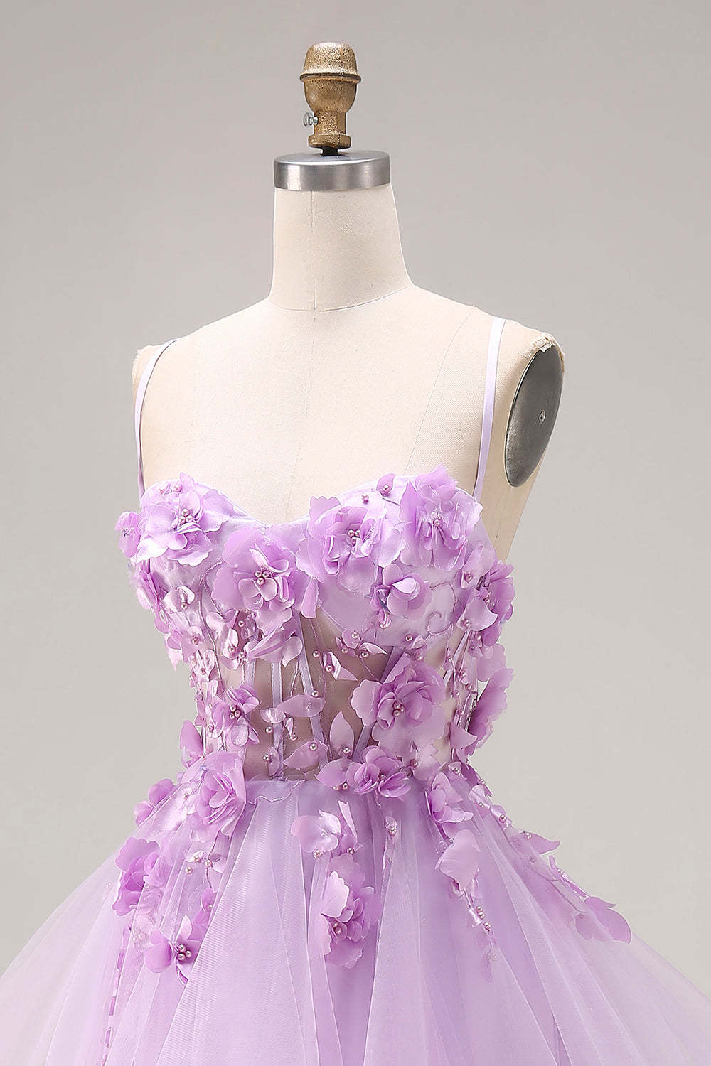 Lilac Ruffled Long Tulle Spaghetti Straps Corset Prom Dress with 3D Flowers