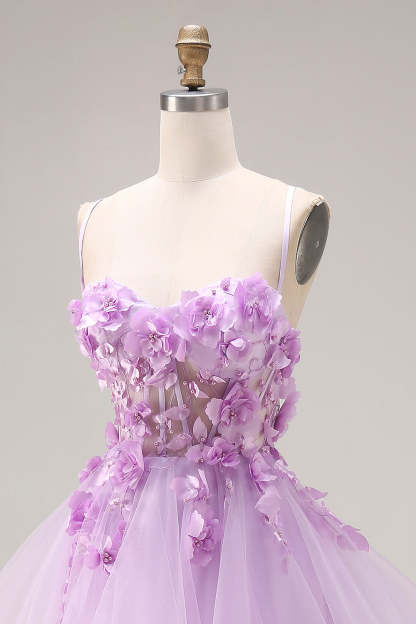 Lilac Ruffled Long Tulle Spaghetti Straps Corset Prom Dress with 3D Flowers