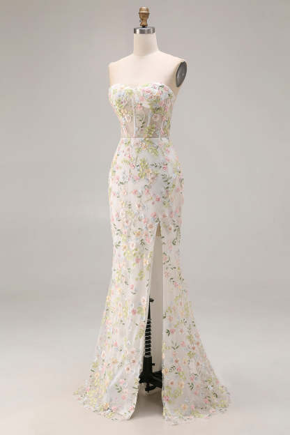 Floral Beaded White Mermaid Sweetheart Long Corset Prom Dress with Slit