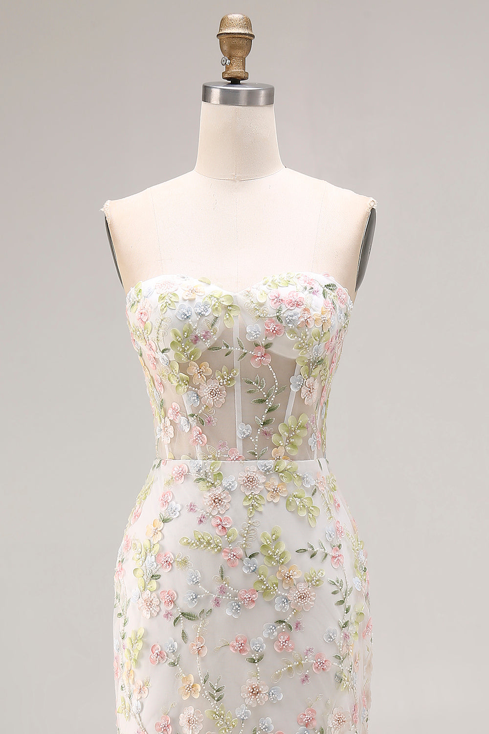 Floral Beaded White Mermaid Sweetheart Long Corset Prom Dress with Slit