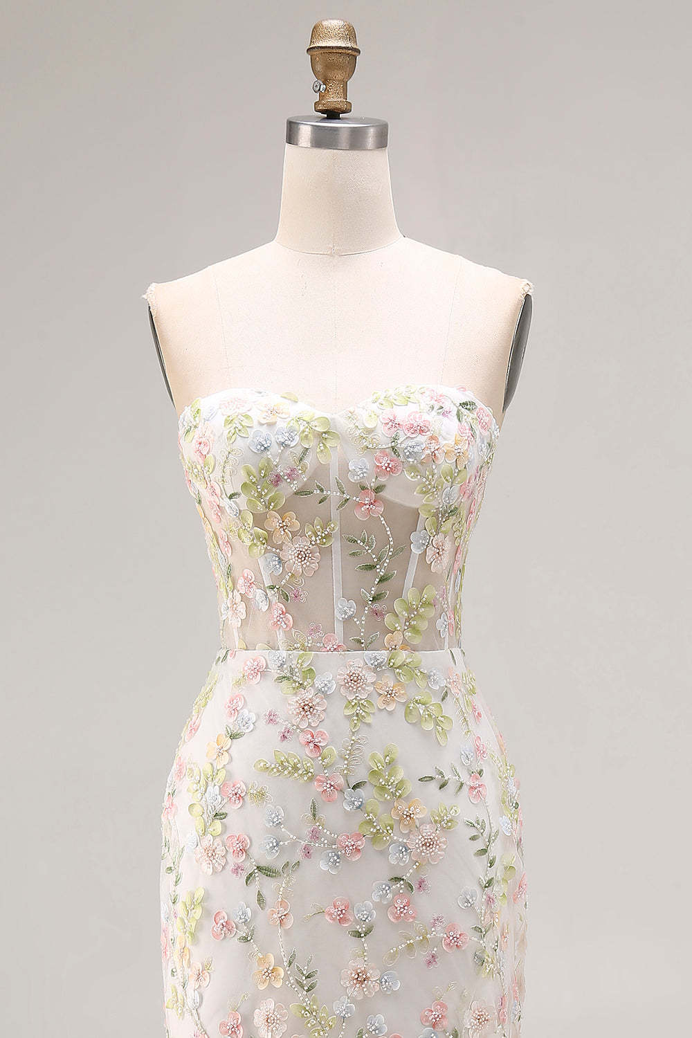 Floral Beaded White Mermaid Sweetheart Long Corset Prom Dress with Slit