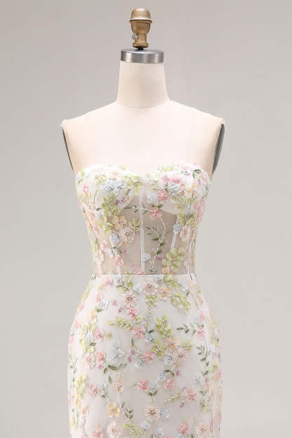 Floral Beaded White Mermaid Sweetheart Long Corset Prom Dress with Slit