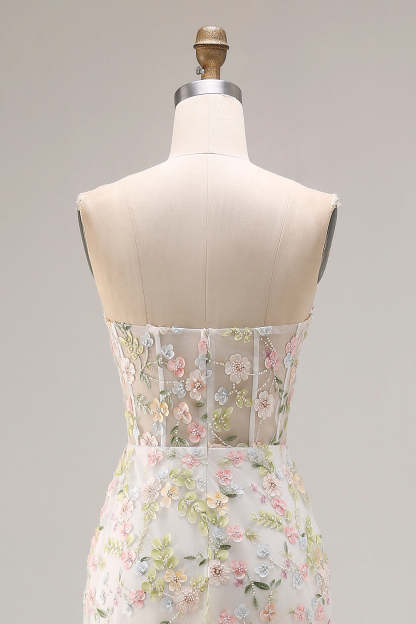 Floral Beaded White Mermaid Sweetheart Long Corset Prom Dress with Slit