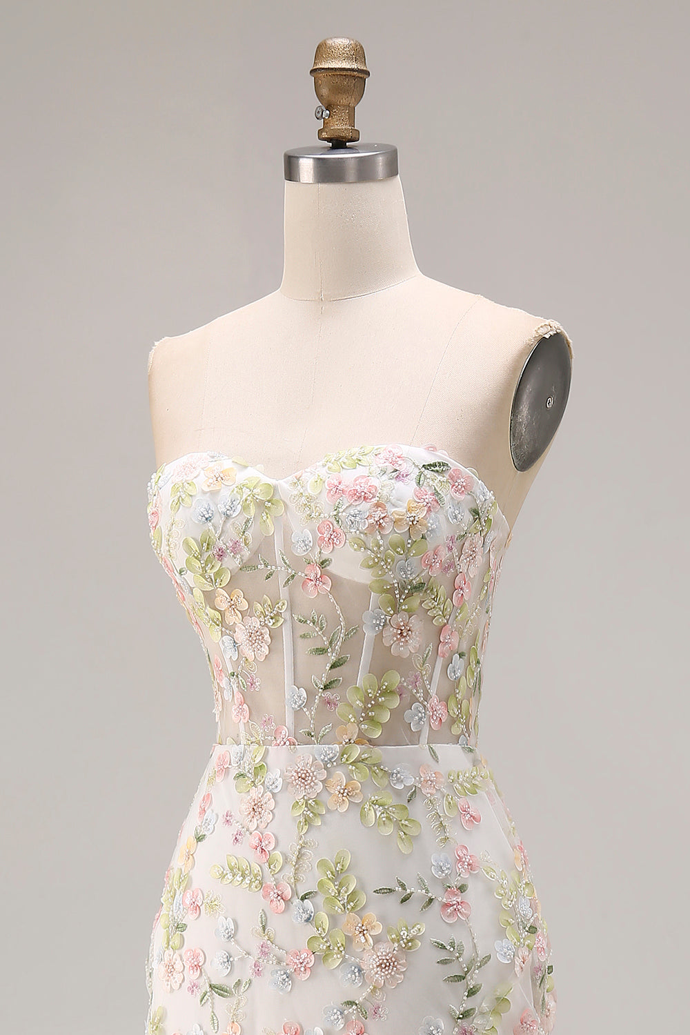 Floral Beaded White Mermaid Sweetheart Long Corset Prom Dress with Slit