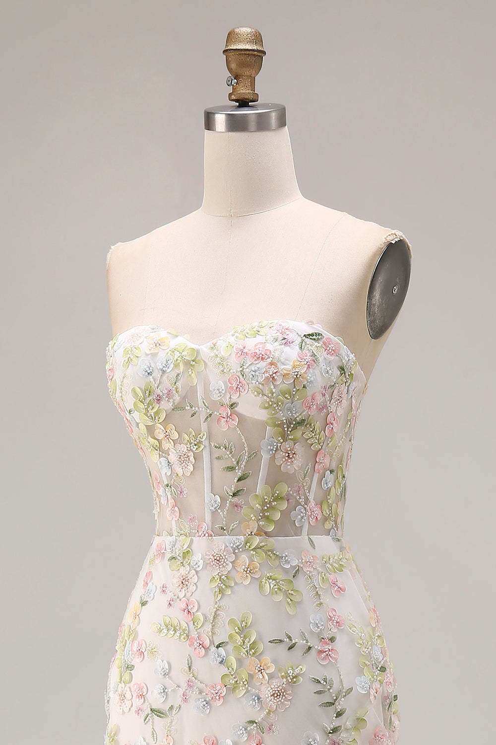 Floral Beaded White Mermaid Sweetheart Long Corset Prom Dress with Slit