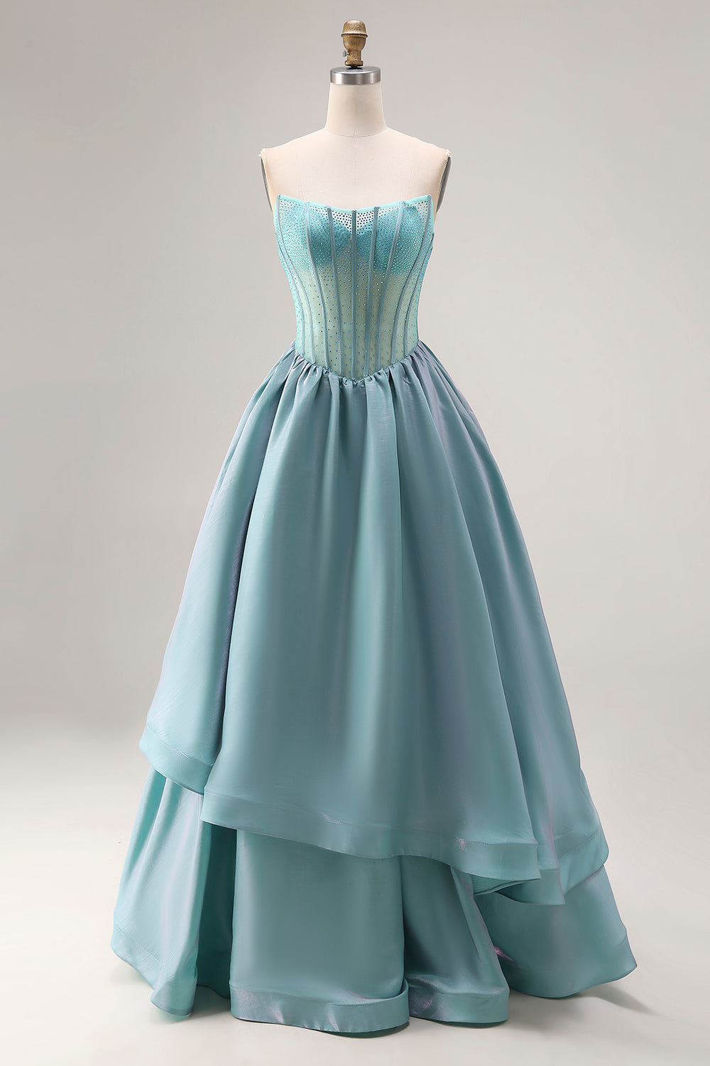 Turquoise Sparkly Satin Beaded Strapless A-Line Long Corset Prom Dress with Ruffles