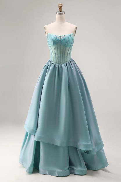 Leely Women Sparkly Beaded Turquoise Long Satin Corset Prom Dress with Ruffles A-Line Strapless Formal Dress