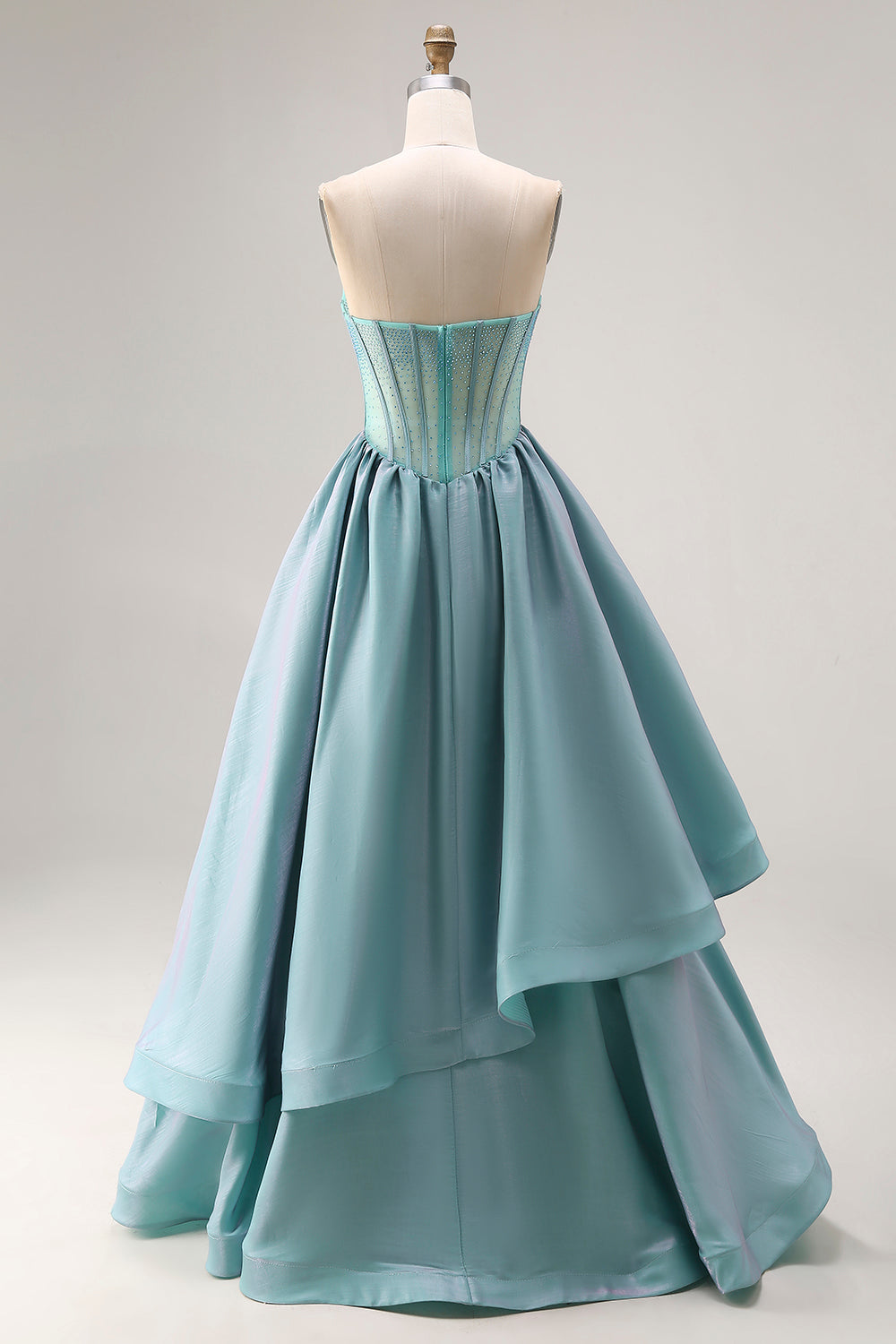 Turquoise Sparkly Satin Beaded Strapless A-Line Long Corset Prom Dress with Ruffles
