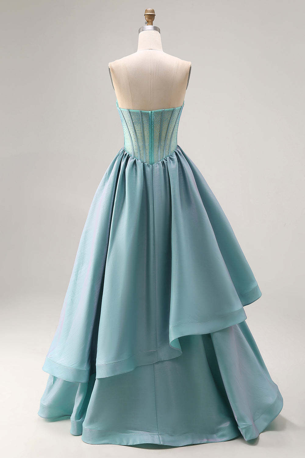 Turquoise Sparkly Satin Beaded Strapless A-Line Long Corset Prom Dress with Ruffles