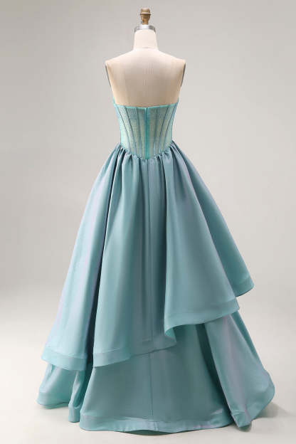 Turquoise Sparkly Satin Beaded Strapless A-Line Long Corset Prom Dress with Ruffles