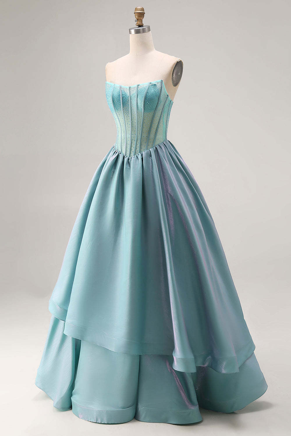 Turquoise Sparkly Satin Beaded Strapless A-Line Long Corset Prom Dress with Ruffles