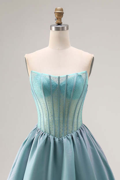 Turquoise Sparkly Satin Beaded Strapless A-Line Long Corset Prom Dress with Ruffles