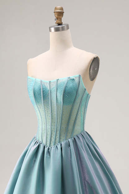 Turquoise Sparkly Satin Beaded Strapless A-Line Long Corset Prom Dress with Ruffles