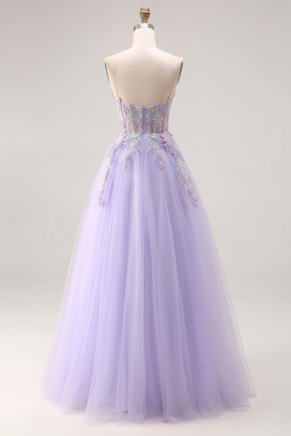 Floral Sparkly Lilac Tulle Appliqued A-Line Long Corset Beaded Prom Dress with Slit