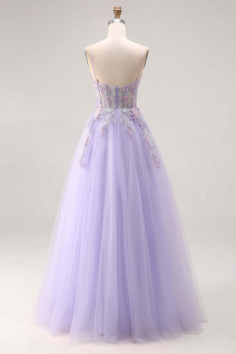Floral Sparkly Lilac Tulle Appliqued A-Line Long Corset Beaded Prom Dress with Slit