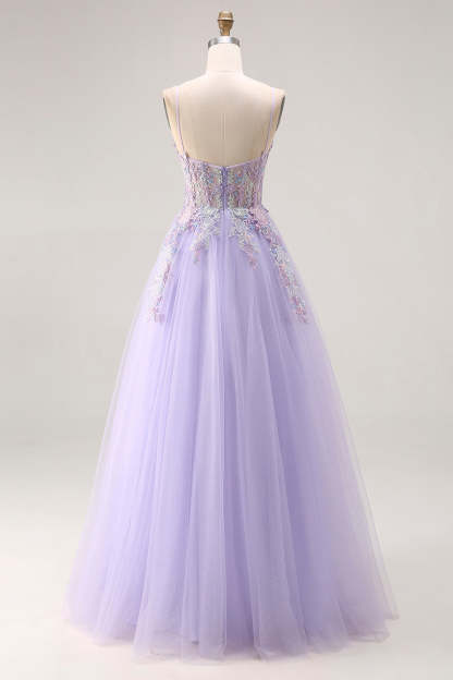 Floral Sparkly Lilac Tulle Appliqued A-Line Long Corset Beaded Prom Dress with Slit