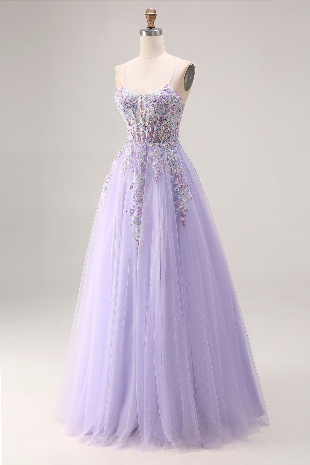 Floral Sparkly Lilac Tulle Appliqued A-Line Long Corset Beaded Prom Dress with Slit