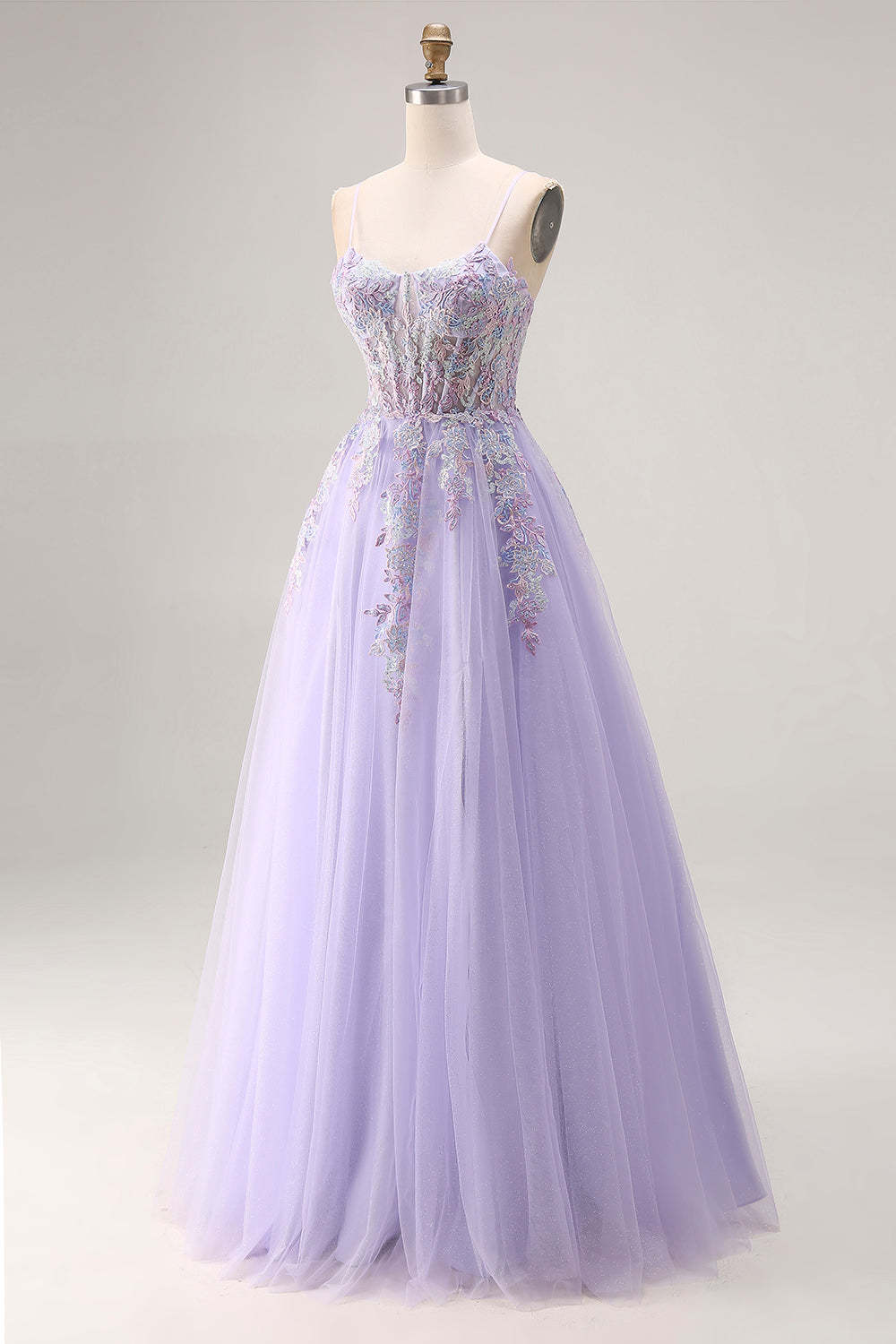 Floral Sparkly Lilac Tulle Appliqued A-Line Long Corset Beaded Prom Dress with Slit