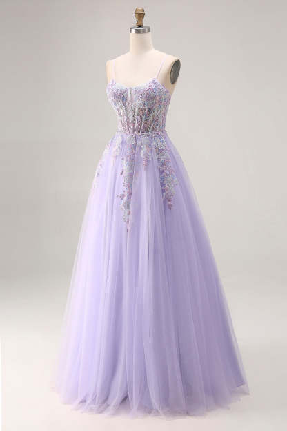 Floral Sparkly Lilac Tulle Appliqued A-Line Long Corset Beaded Prom Dress with Slit