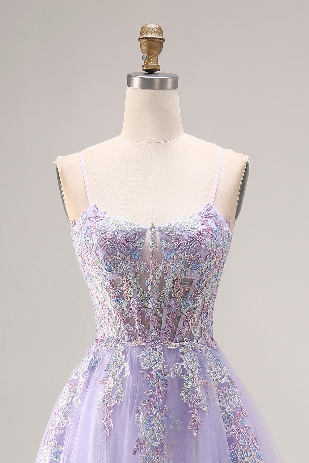 Floral Sparkly Lilac Tulle Appliqued A-Line Long Corset Beaded Prom Dress with Slit