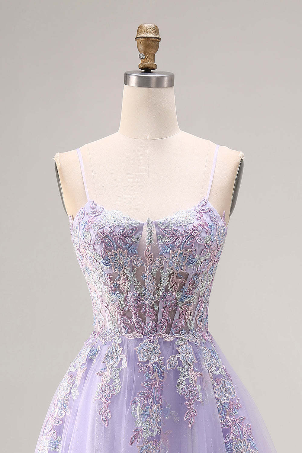 Floral Sparkly Lilac Tulle Appliqued A-Line Long Corset Beaded Prom Dress with Slit