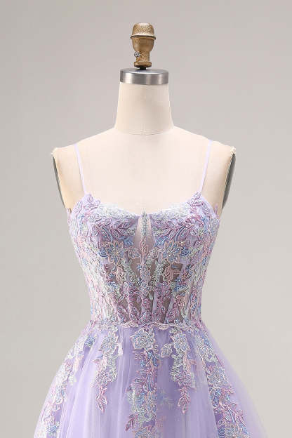 Floral Sparkly Lilac Tulle Appliqued A-Line Long Corset Beaded Prom Dress with Slit