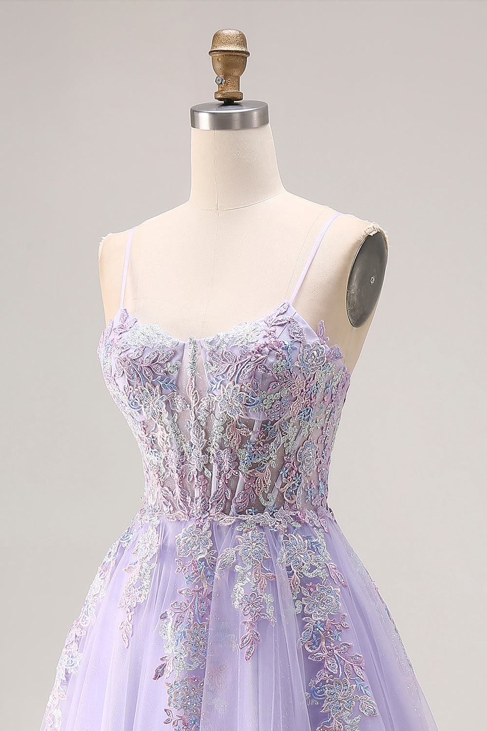 Floral Sparkly Lilac Tulle Appliqued A-Line Long Corset Beaded Prom Dress with Slit