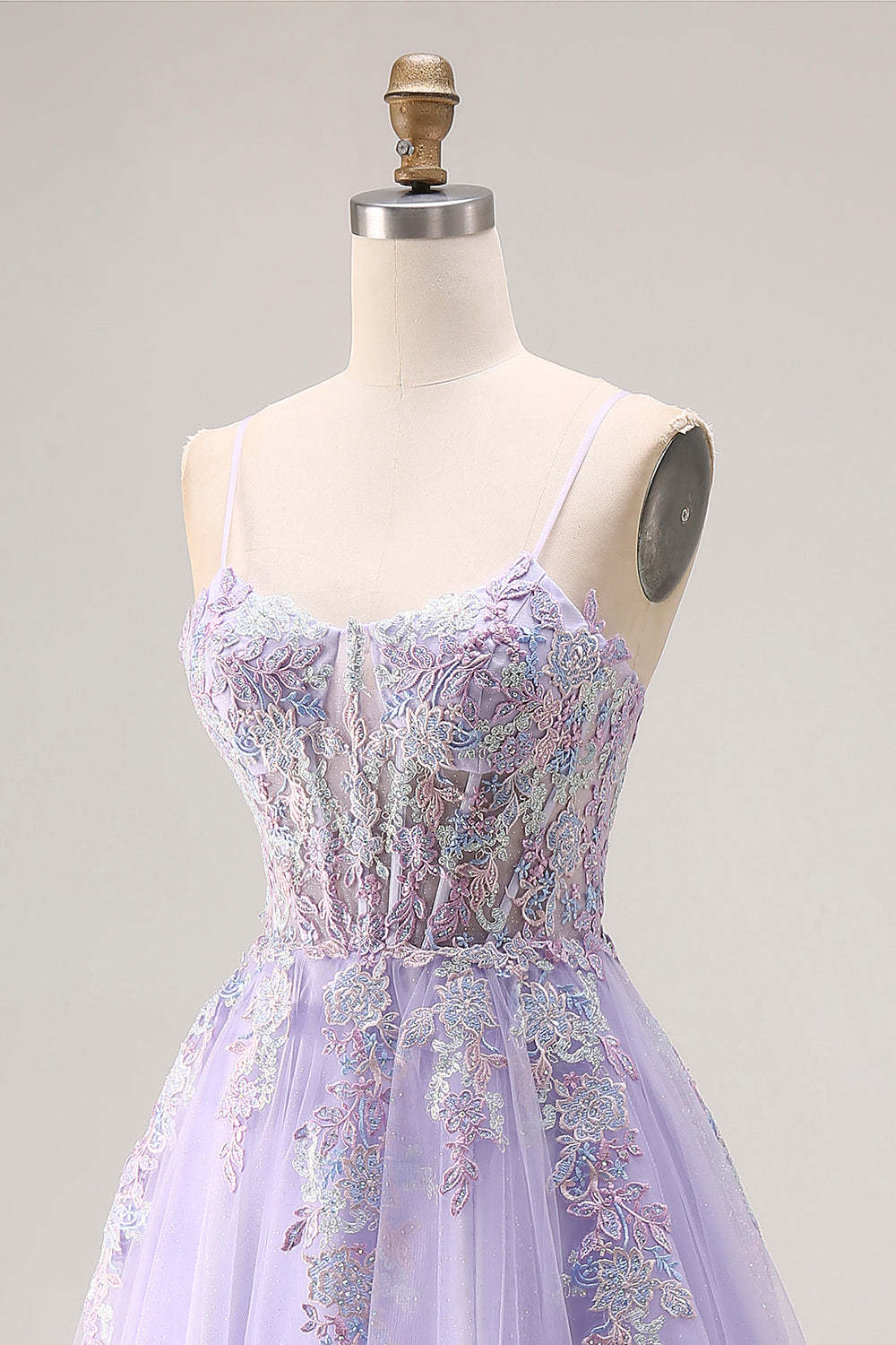 Floral Sparkly Lilac Tulle Appliqued A-Line Long Corset Beaded Prom Dress with Slit