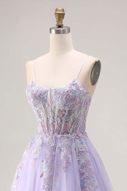 Floral Sparkly Lilac Tulle Appliqued A-Line Long Corset Beaded Prom Dress with Slit
