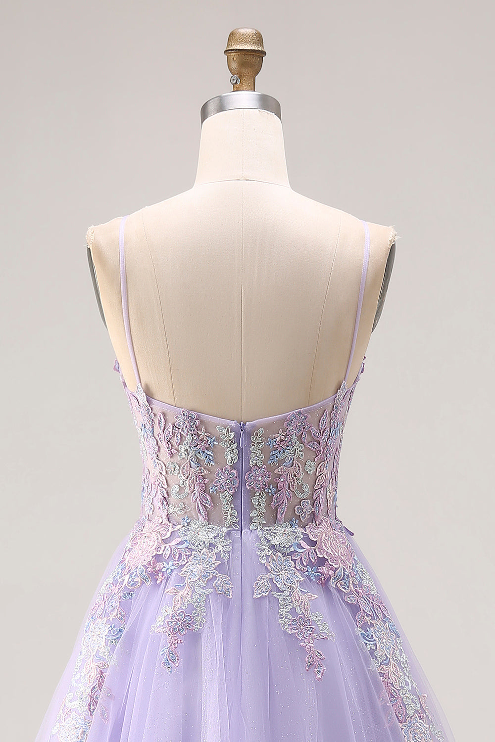 Floral Sparkly Lilac Tulle Appliqued A-Line Long Corset Beaded Prom Dress with Slit