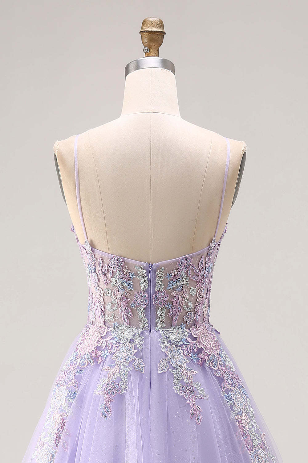 Floral Sparkly Lilac Tulle Appliqued A-Line Long Corset Beaded Prom Dress with Slit