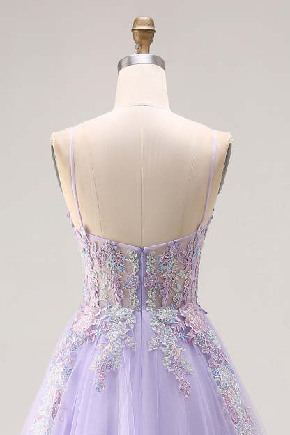 Floral Sparkly Lilac Tulle Appliqued A-Line Long Corset Beaded Prom Dress with Slit