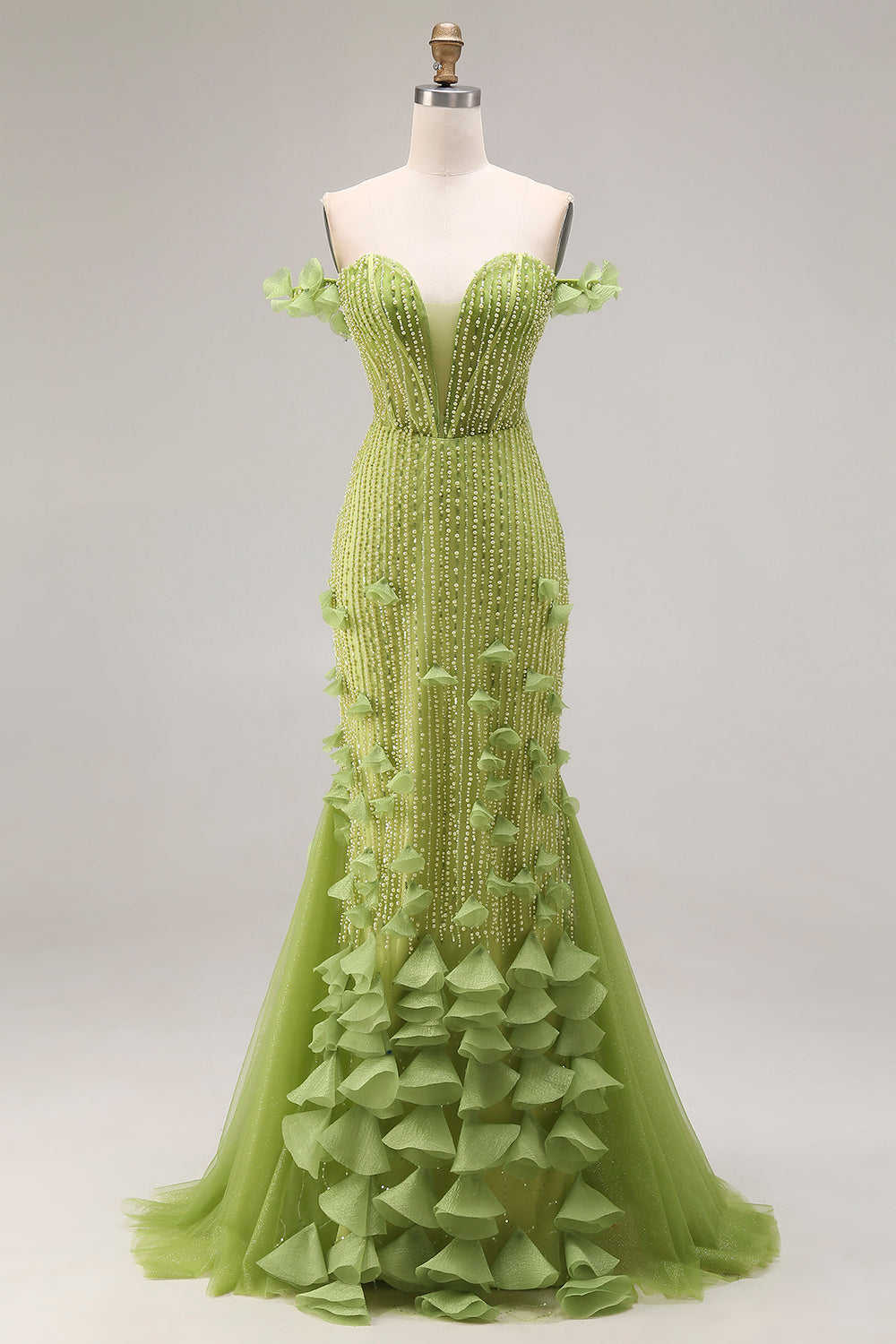 Leely Women Sparkly Green Beaded Floral Mermaid Long Corset Prom Dress Off the Shoulder Tulle Pageant Dress