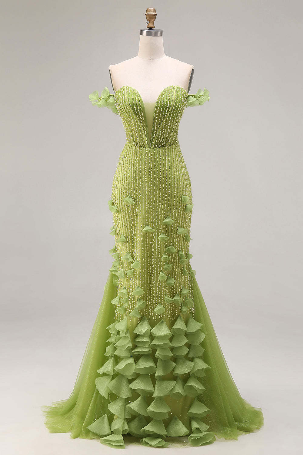 Leely Women Sparkly Green Beaded Floral Mermaid Long Corset Prom Dress Off the Shoulder Tulle Pageant Dress