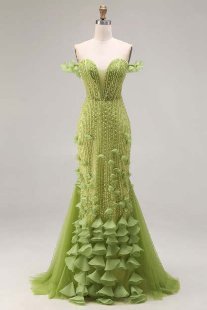 Leely Women Sparkly Green Beaded Floral Mermaid Long Corset Prom Dress Off the Shoulder Tulle Pageant Dress