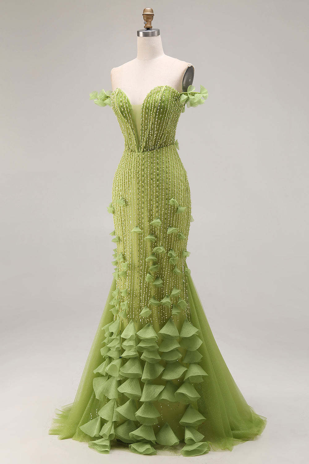 Sparkly Mermaid Green Beaded Off the Shoulder Corset Long Prom Dress