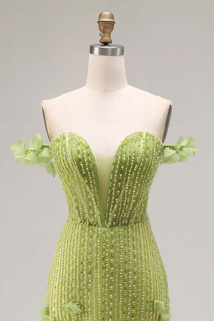 Sparkly Mermaid Green Beaded Off the Shoulder Corset Long Prom Dress