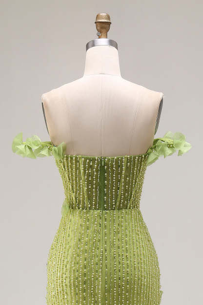 Sparkly Mermaid Green Beaded Off the Shoulder Corset Long Prom Dress