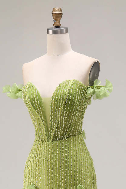 Sparkly Mermaid Green Beaded Off the Shoulder Corset Long Prom Dress