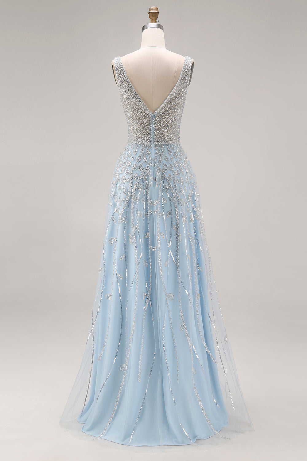 Sparkly Light Blue A Line Sequin Maxi Corset Prom Dress with Beading