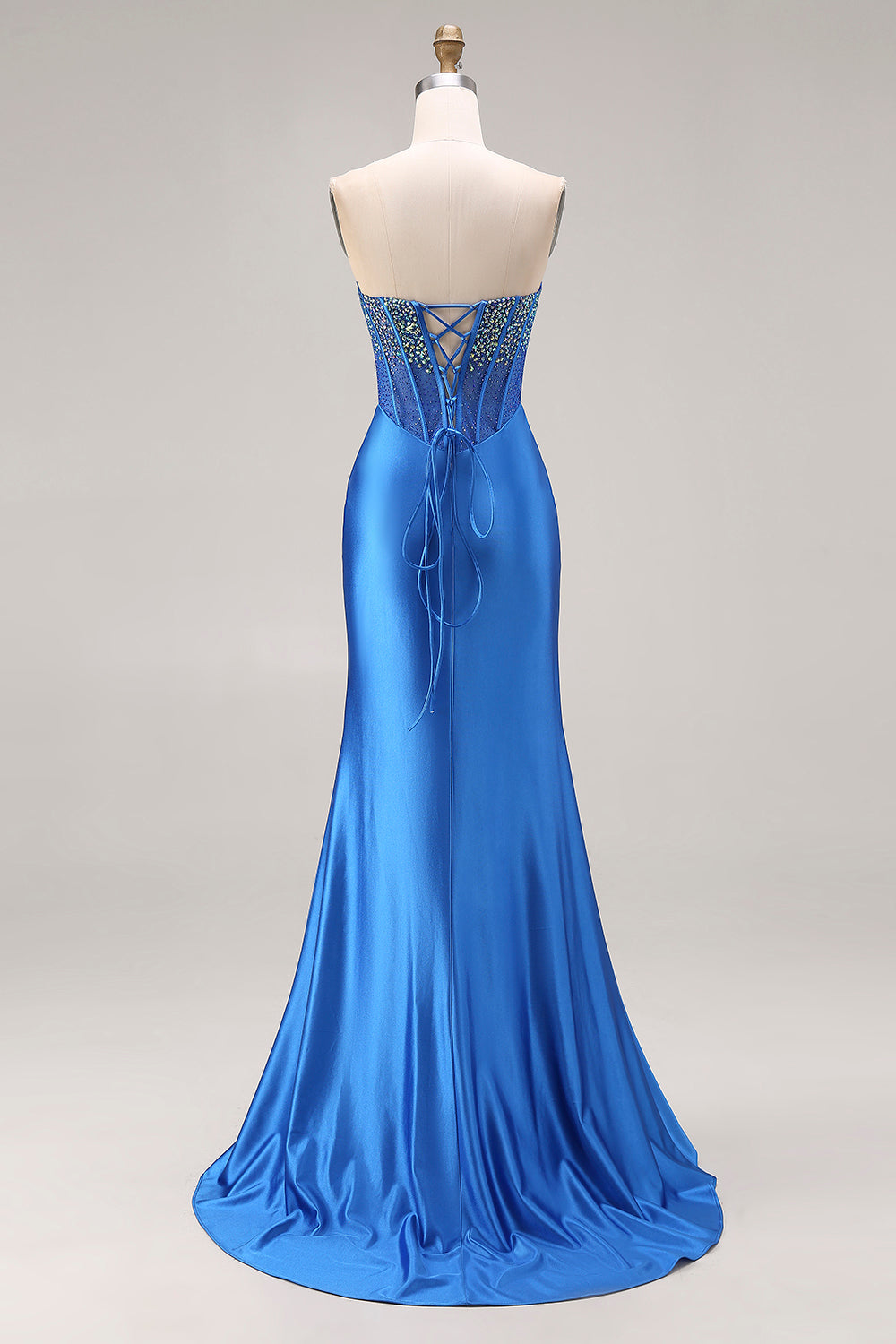 Royal Blue Mermaid Beaded Strapless Maxi Corset Prom Dress with Slit