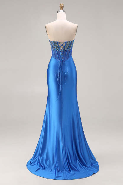 Royal Blue Mermaid Beaded Strapless Maxi Corset Prom Dress with Slit