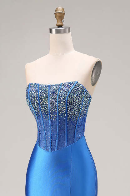 Royal Blue Mermaid Beaded Strapless Maxi Corset Prom Dress with Slit
