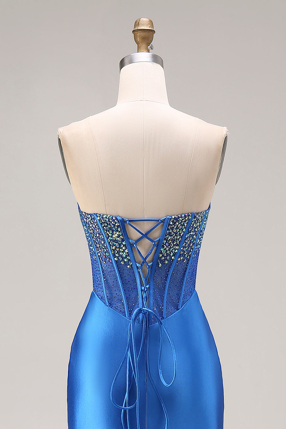 Royal Blue Mermaid Beaded Strapless Maxi Corset Prom Dress with Slit