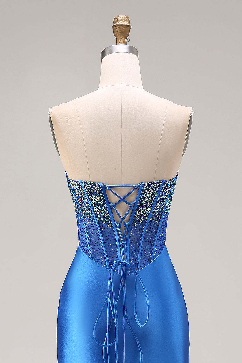 Royal Blue Mermaid Beaded Strapless Maxi Corset Prom Dress with Slit